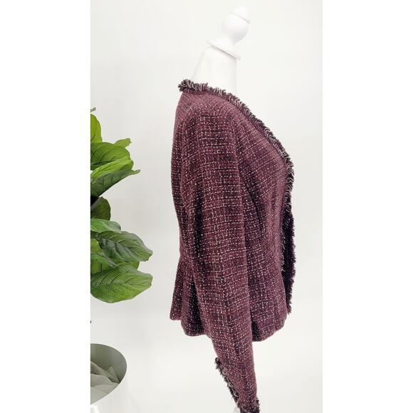 White House Black Market Womens Sz 10 Burgundy Tweed Fringe Blazer Heritage Chic - Picture 4 of 11